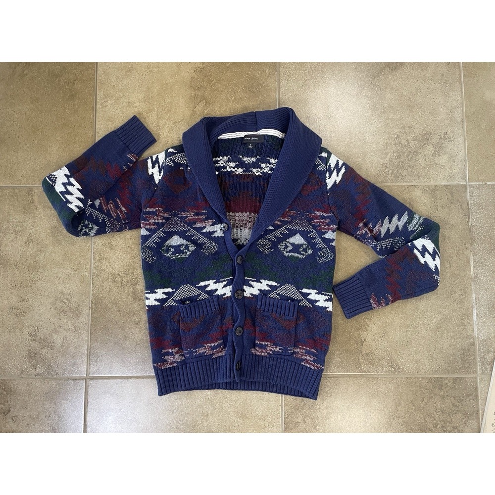 Adam Levine Shawl Collar Cardigan Sweater Mens Sz S Blue Aztec Southwestern Knit